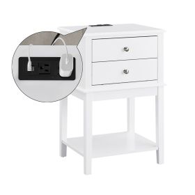 conifferism White Nightstand with Charging Station 28 inches Tall for Bedroom,Wood Sofa Side Table with 2 Drawers,Large End Table with USB Ports