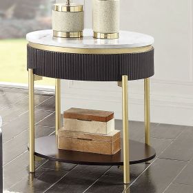 Gorgeous Dark Walnut Finish 1pc End Table White Faux Marble Top Living Room Table Open Bottom Shelve