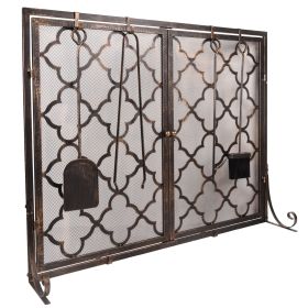 39 x 31 Inch Fireplace Screen, Metal Fireplace Screen Scrollwork Copper Color, Two-Doors Large Flat Guard Screens