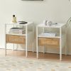 Set of 2, 15.75" Rattan End table with Power Outlet & USB Ports , Modern nightstand with drawer and metal legs, side table for living room, bedroom
