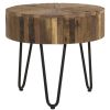 Contemporary 22 in. Round Reclaimed Wood Accent End Table, Iron Hairpin Legs, Living Room Side Table, Brown and Black