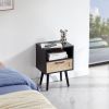 15.75" Rattan End table with Power Outlet & USB Ports , Modern nightstand with drawer and solid wood legs, side table for living room, bedroom,black