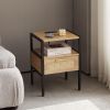 15.75" Rattan End table with Power Outlet & USB Ports , Modern nightstand with drawer and metal legs, side table for living room, bedroom