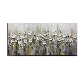 Handmade Gold Foil Abstract Oil Painting  Wall Art Modern Minimalist White Flowers Canvas Home Decorative For Living Room No Frame (size: 70x140cm)